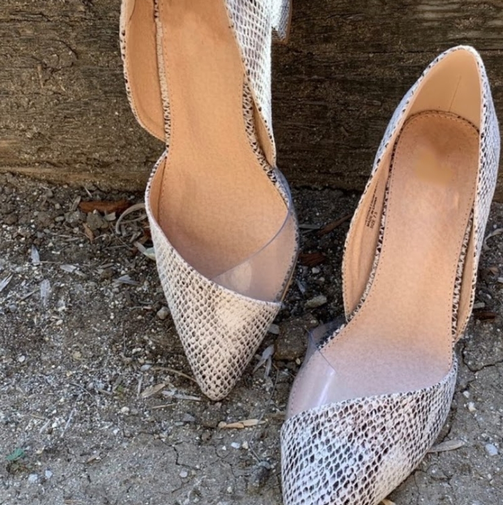 Snake print is in that great gray white hue with these chunky heels steal show